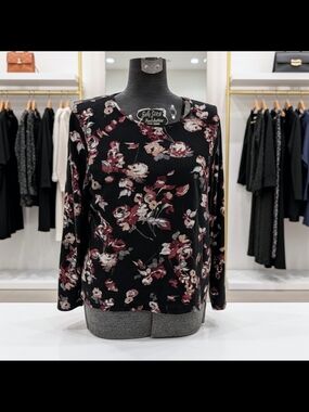 Croft & Barrow Black Floral Long-Sleeve Scoop Neck Top Size XL